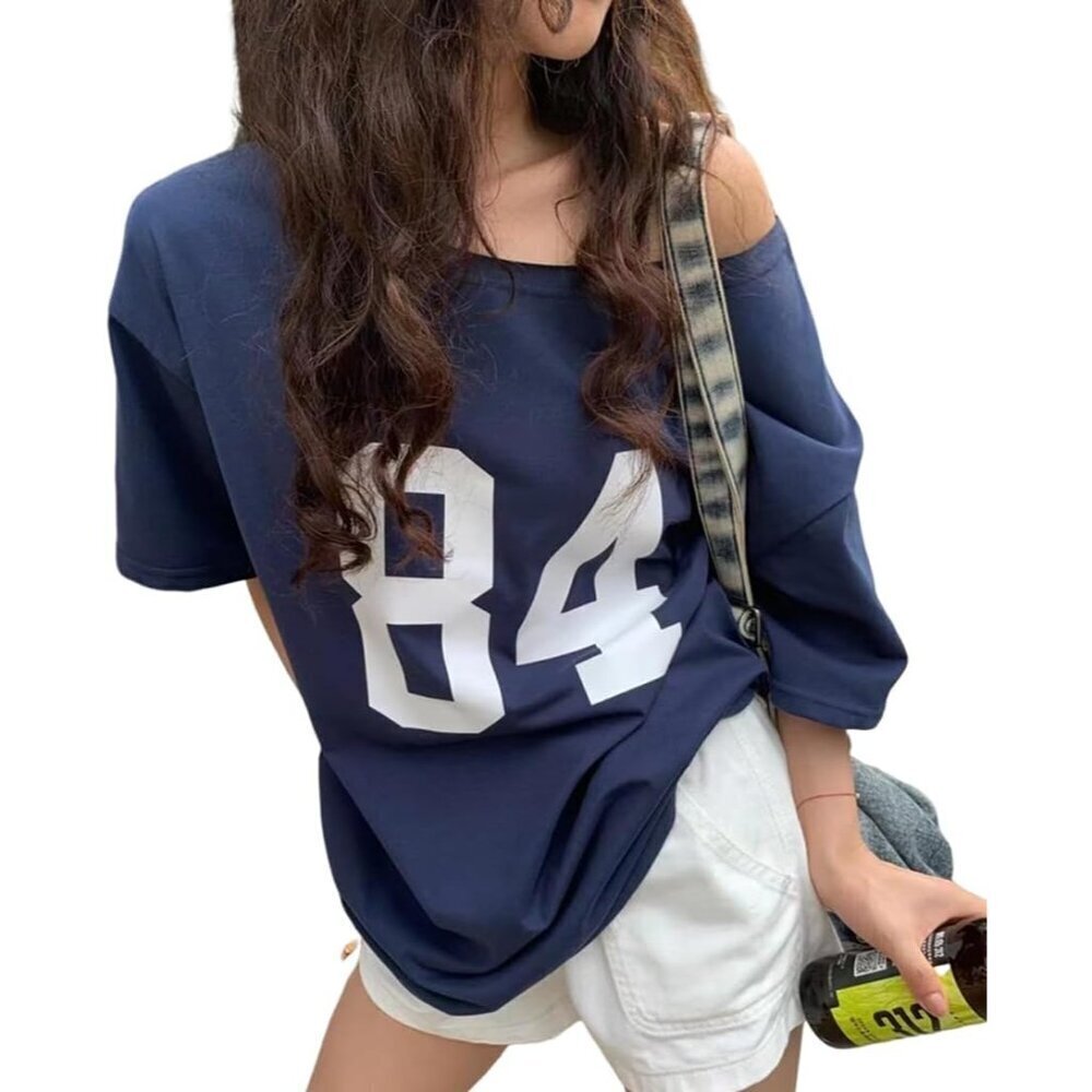Women Off Shoulder Tops Polyester Short Sleeve Y2K Graphic Oversized Tees